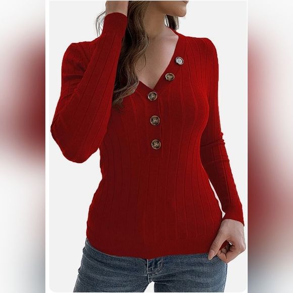 McVanedy Women's Long Sleeve V-Neck Button Front Red Knit Sweater New W/Tags Sm. - Picture 6 of 14